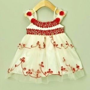 Toddler Girl Ivory Red Sequin Trim Embroider Dress